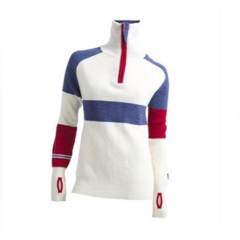 Ulvang Women's 100% Wool White and Blue Sweater with Red Accents Quarter Zip M